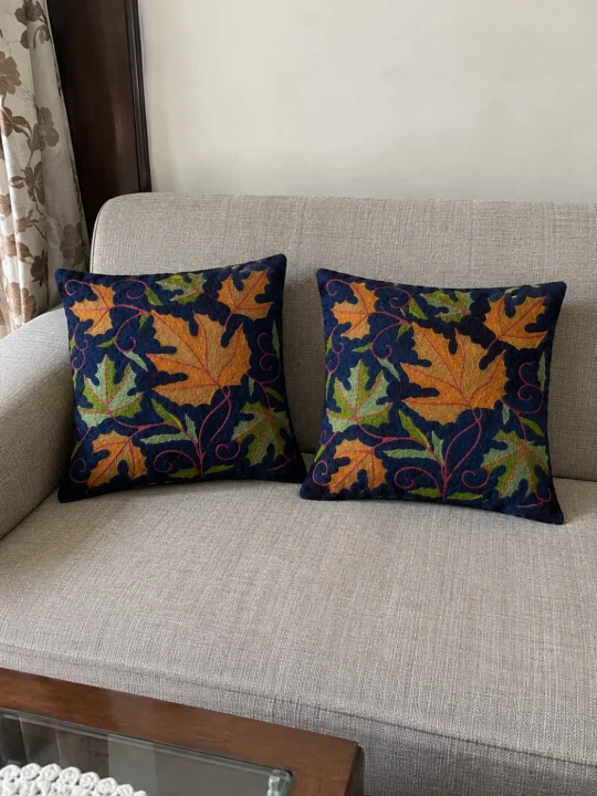 Mehreen Kashmiri Handmade Chain Stitch Silk Cushion Cover | Set of 2 |12*12 Inches