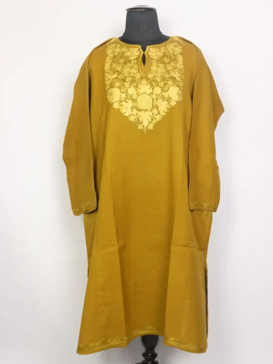 Mehri Kashmiri Mustard Pheran with Aari Work in Raffal Wool