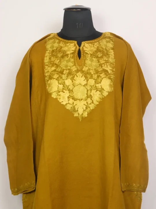 Mehri Kashmiri Mustard Pheran with Aari Work in Raffal Wool - Image 2