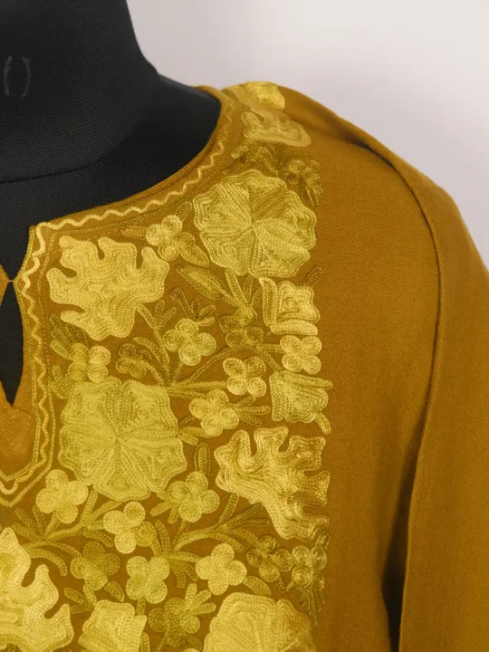 Mehri Kashmiri Mustard Pheran with Aari Work in Raffal Wool - Image 3