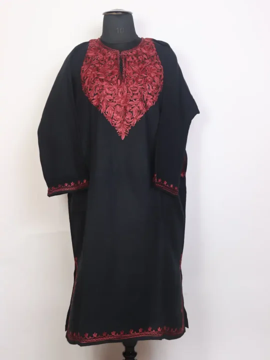 Mehrunisa Floral Embroidered Black Kashmiri Cashmilon Pheran with Aari Work