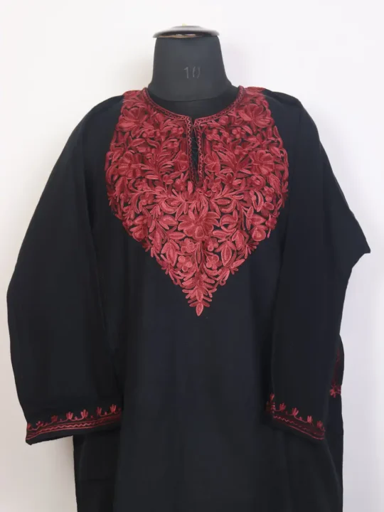 Mehrunisa Floral Embroidered Black Kashmiri Cashmilon Pheran with Aari Work - Image 2