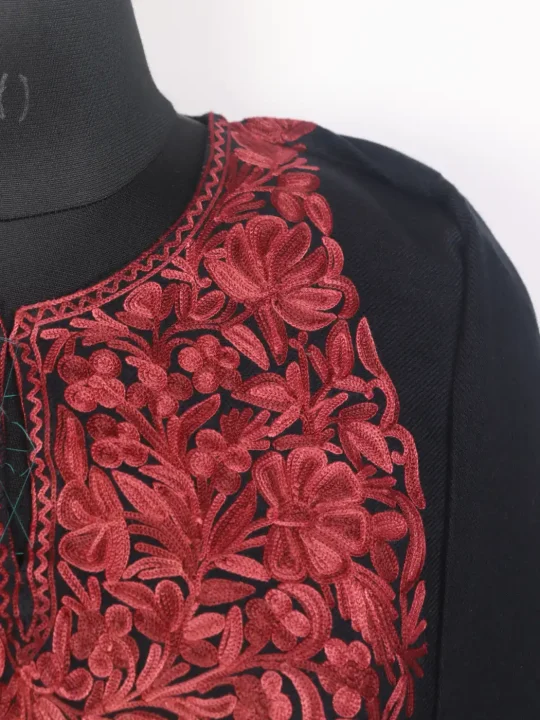 Mehrunisa Floral Embroidered Black Kashmiri Cashmilon Pheran with Aari Work - Image 3