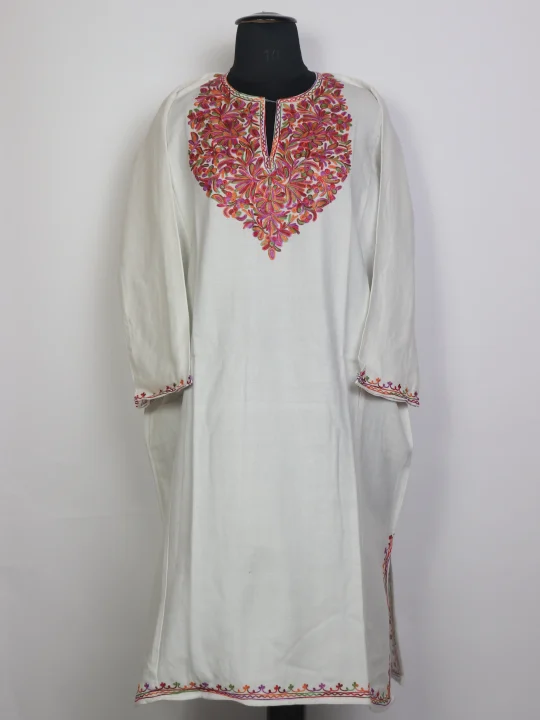 Mehrunisa Kashmiri White Aari Embroidered Cashmilon Wool Pheran