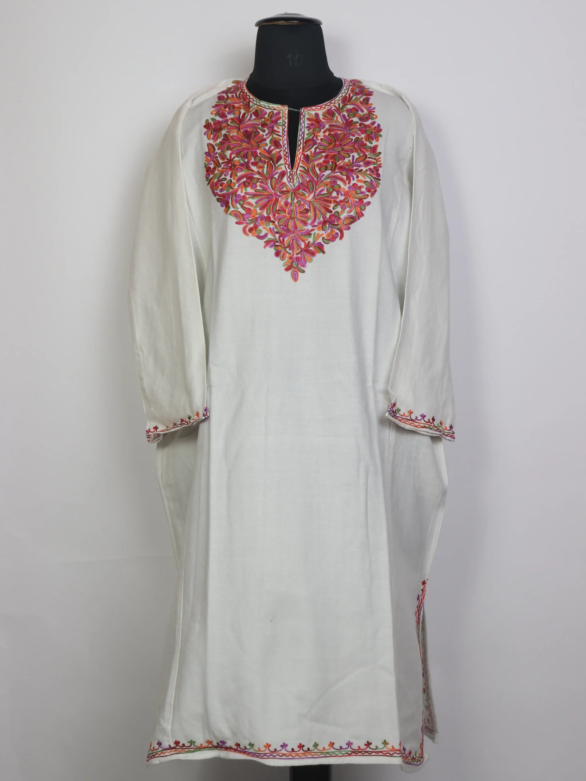Mehrunisa Kashmiri White Aari Embroidered Cashmilon Wool Pheran