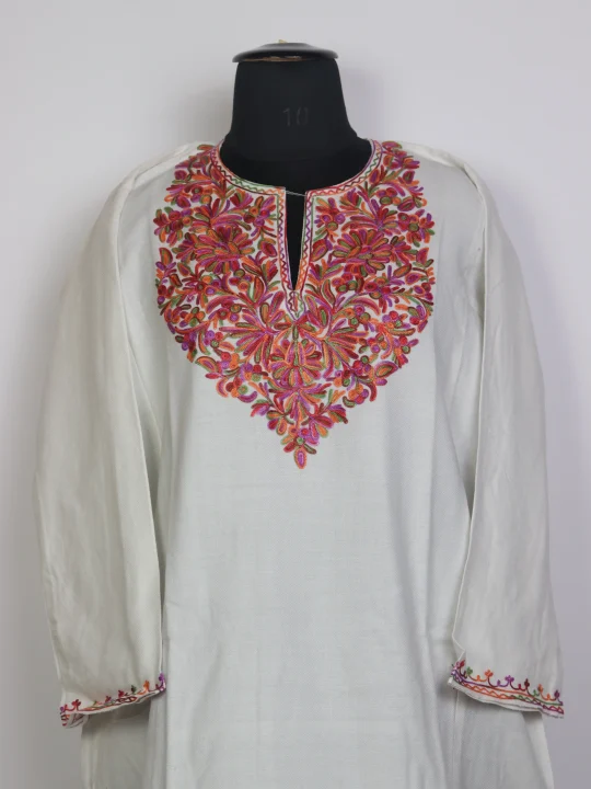 Mehrunisa Kashmiri White Aari Embroidered Cashmilon Wool Pheran - Image 2