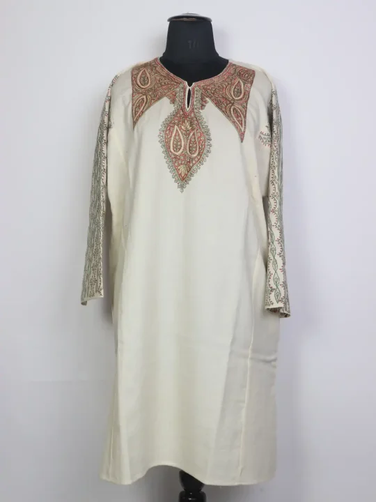 Mirza Hand Sozni White Kashmiri Pheran in Raffal Wool