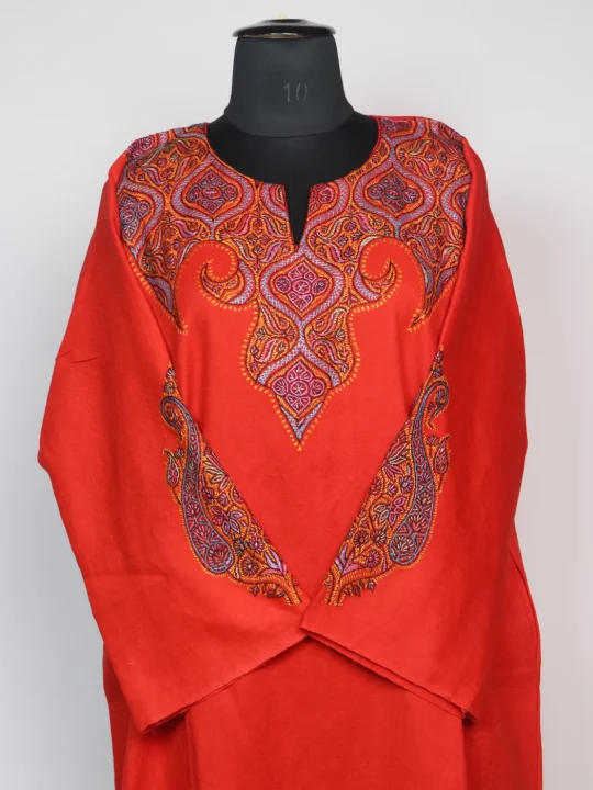 Mirza Kashmiri Pheran In Raffal Wool With Hand Sozni | Red - Image 2