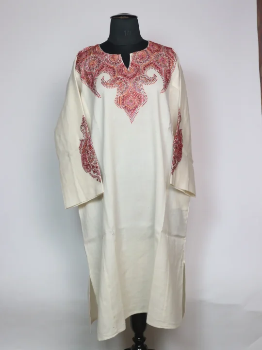 White Kashmiri Pheran In Raffal Wool With Hand Sozni | Mirza