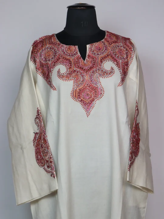 White Kashmiri Pheran In Raffal Wool With Hand Sozni | Mirza - Image 2
