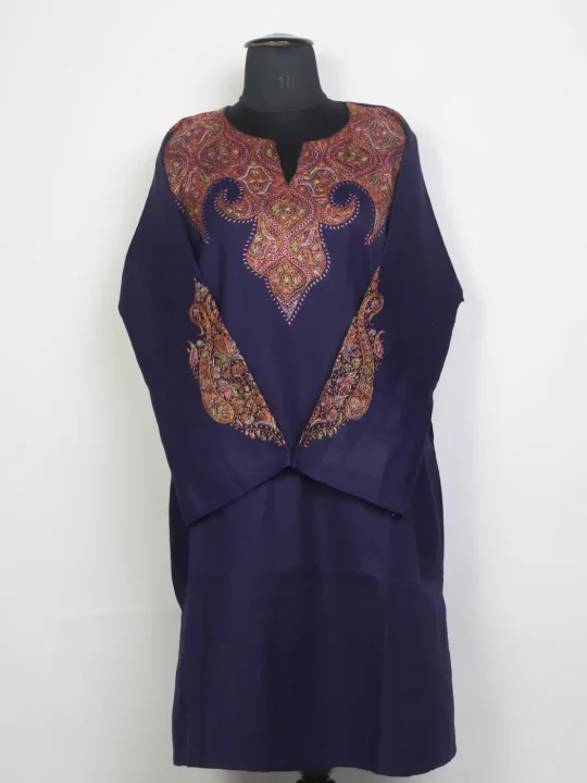 Mirza Navy Blue Kashmiri Pheran in Raffal Wool with Hand Sozni