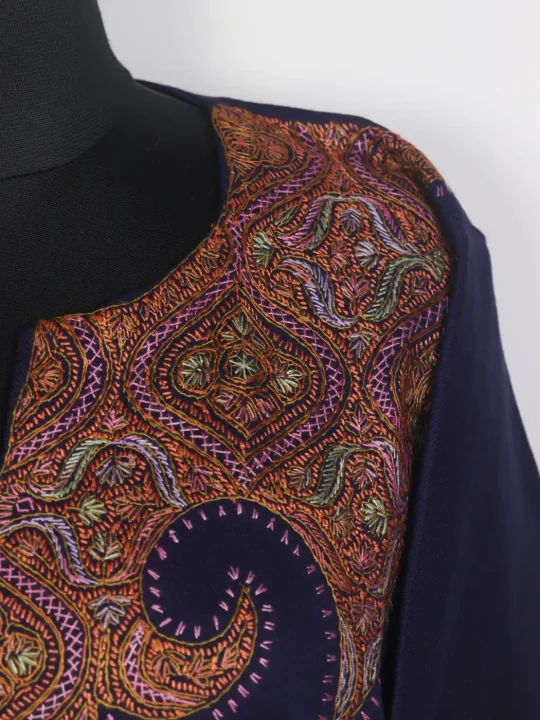 Mirza Navy Blue Kashmiri Pheran in Raffal Wool with Hand Sozni - Image 3