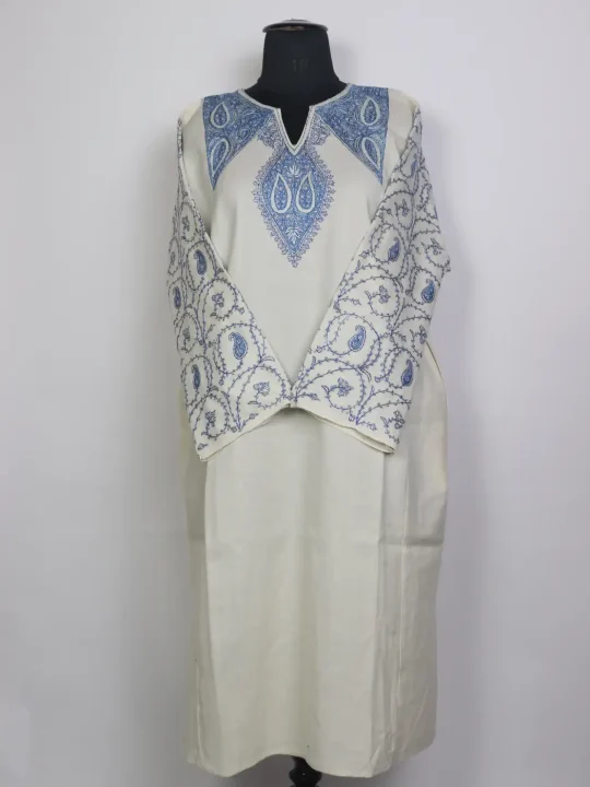 Mirza Kashmiri White Pheran with Hand Sozni Work in Raffal Wool