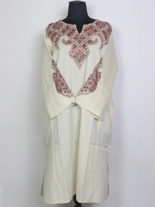 Mirza White Raffal Wool Hand Sozni Kashmiri Pheran