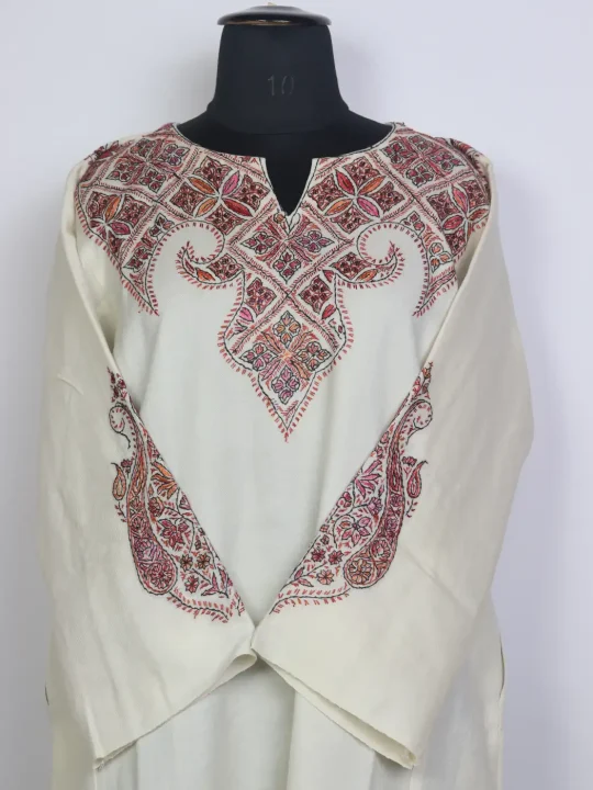 Mirza White Raffal Wool Hand Sozni Kashmiri Pheran - Image 2