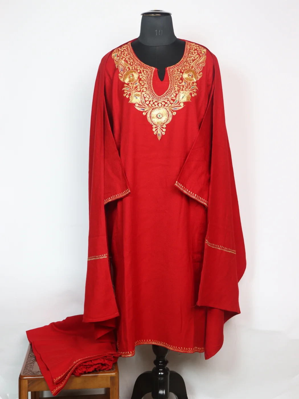 Kashmiri Pheran Mishka In Cashmilon Wool With Tilla Embroidery | Red |3 Piece Set