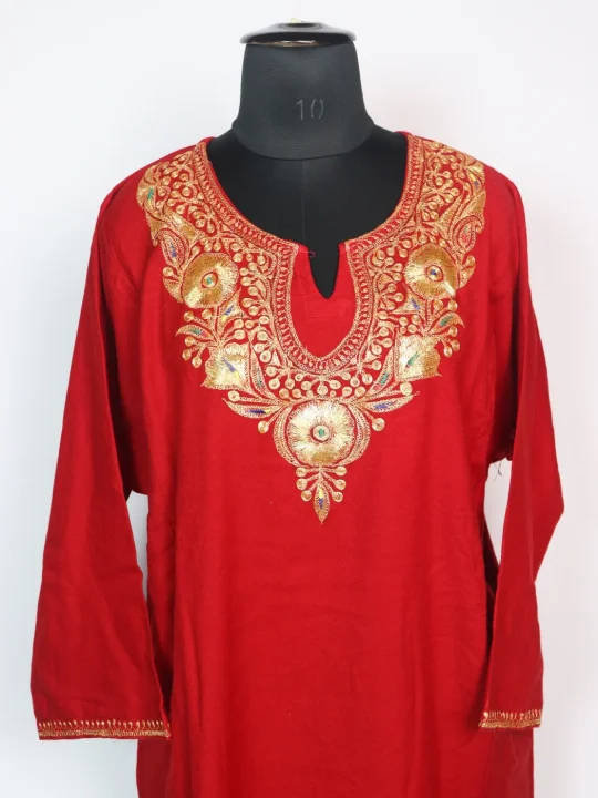 Kashmiri Pheran Mishka In Cashmilon Wool With Tilla Embroidery | Red |3 Piece Set - Image 2