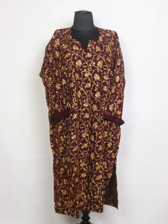 Kashmiri Gauhar Maroon Cashmilon Wool Aari Embroidery Pheran All Over Front Back Work