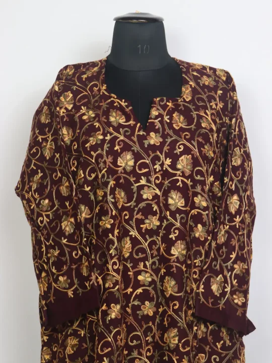 Kashmiri Gauhar Maroon Cashmilon Wool Aari Embroidery Pheran All Over Front Back Work - Image 2