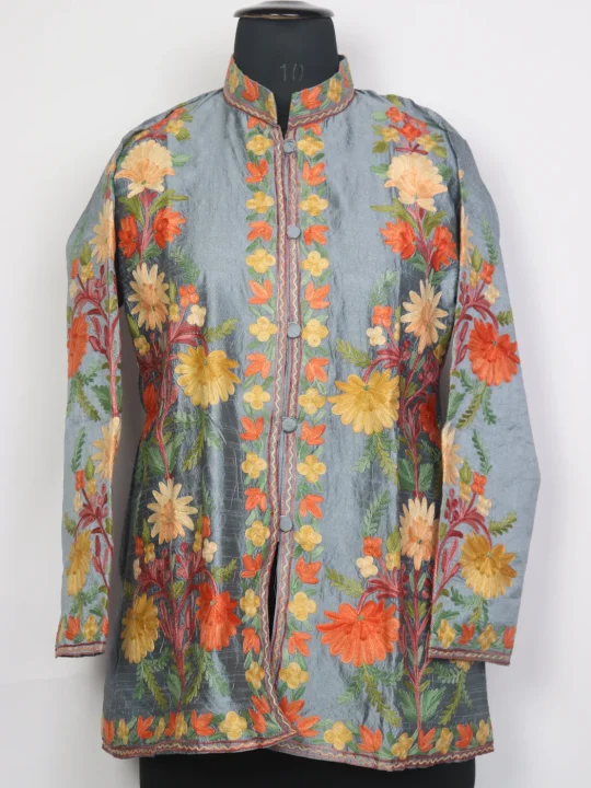 Muntaha Grey Blue Silk Kashmiri Aari Embroidery Short Coat