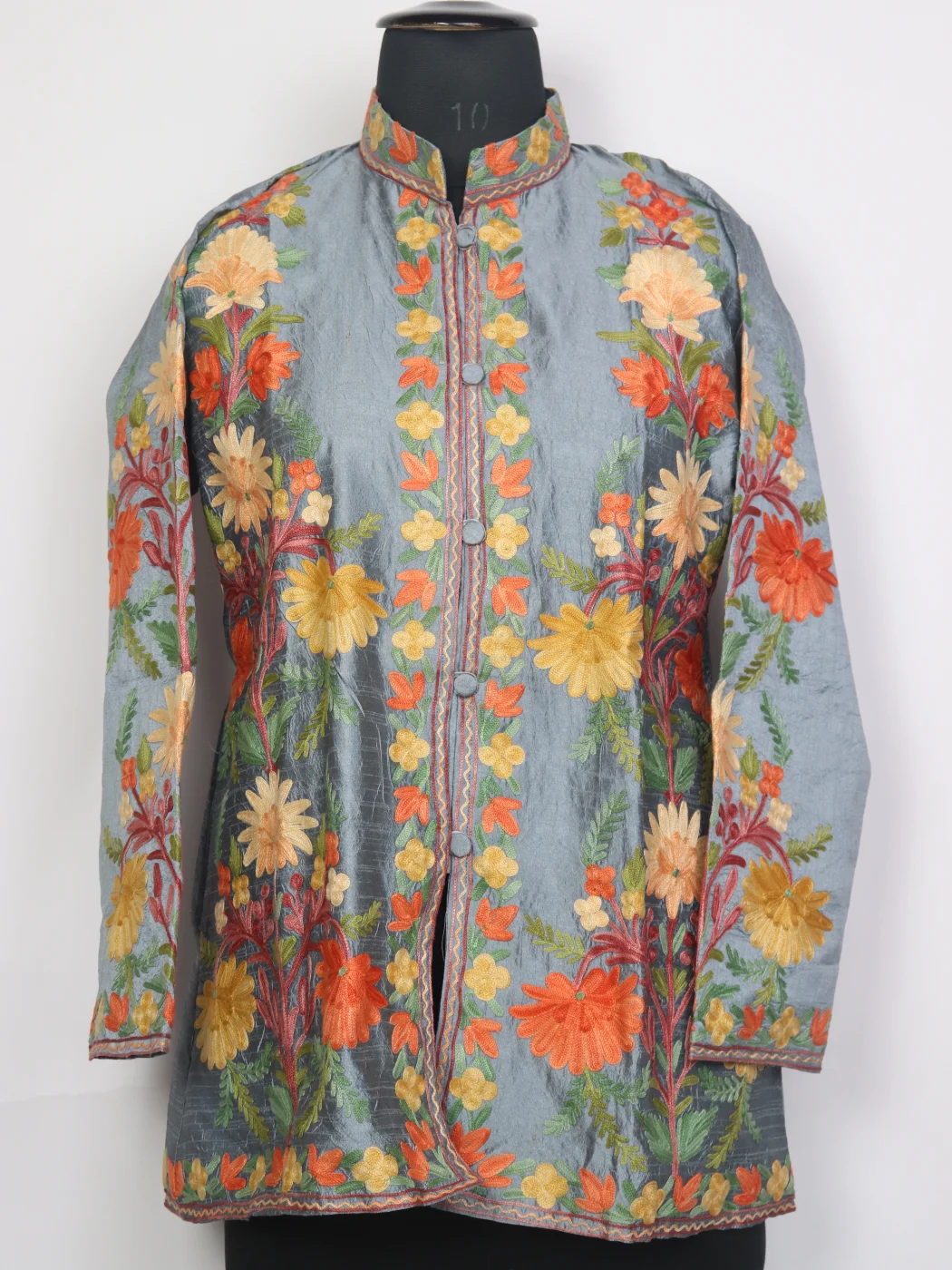 Muntaha Grey Blue Silk Kashmiri Aari Embroidery Short Coat