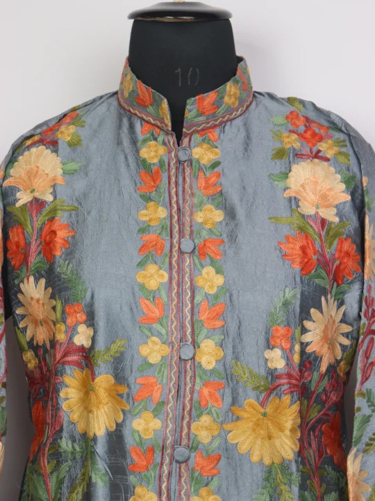 Muntaha Grey Blue Silk Kashmiri Aari Embroidery Short Coat - Image 2