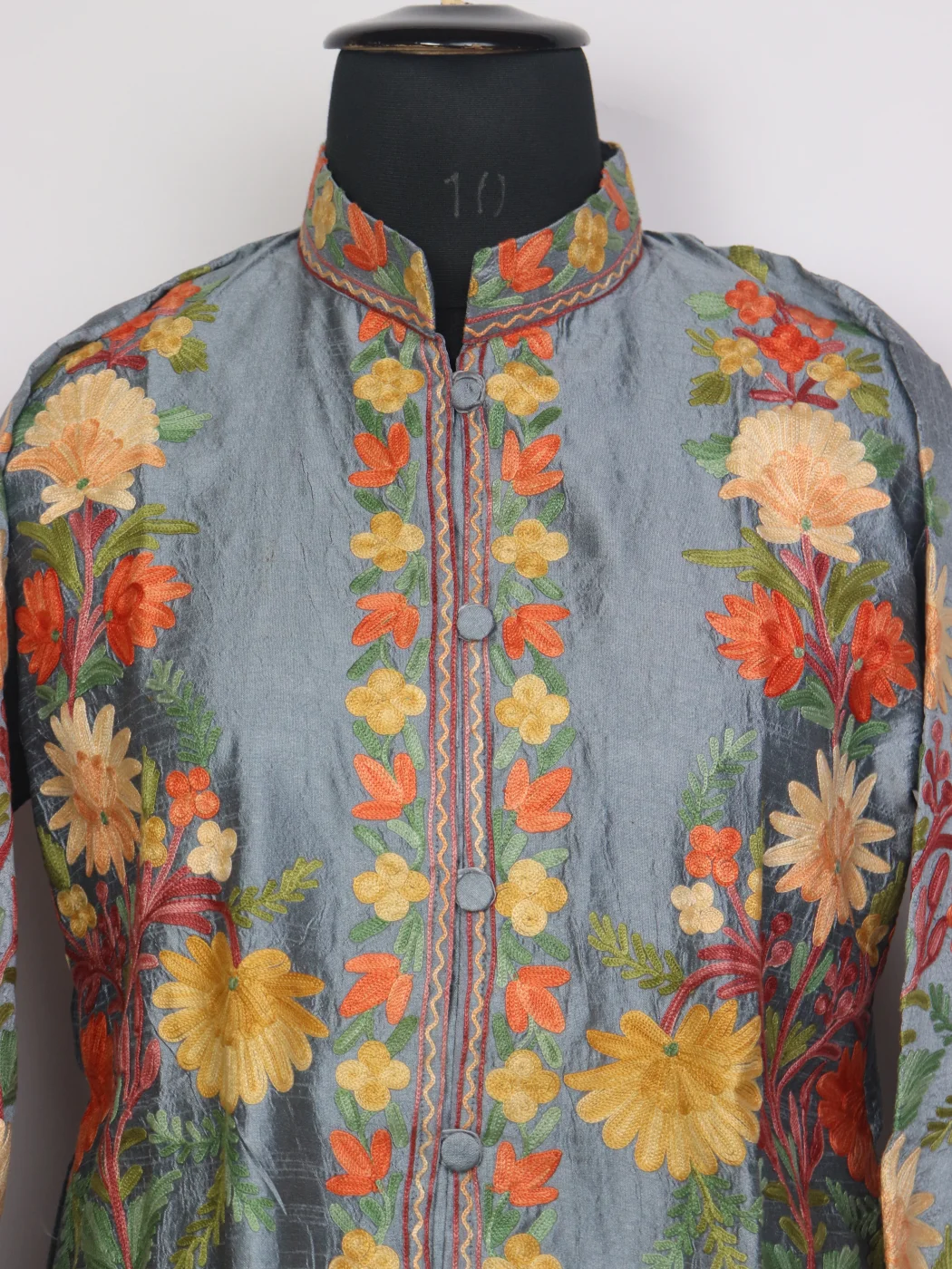 Muntaha Grey Blue Silk Kashmiri Aari Embroidery Short Coat - Image 2