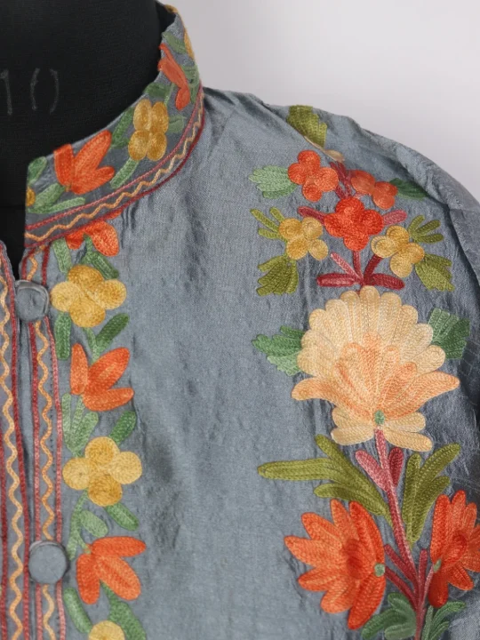 Muntaha Grey Blue Silk Kashmiri Aari Embroidery Short Coat - Image 3