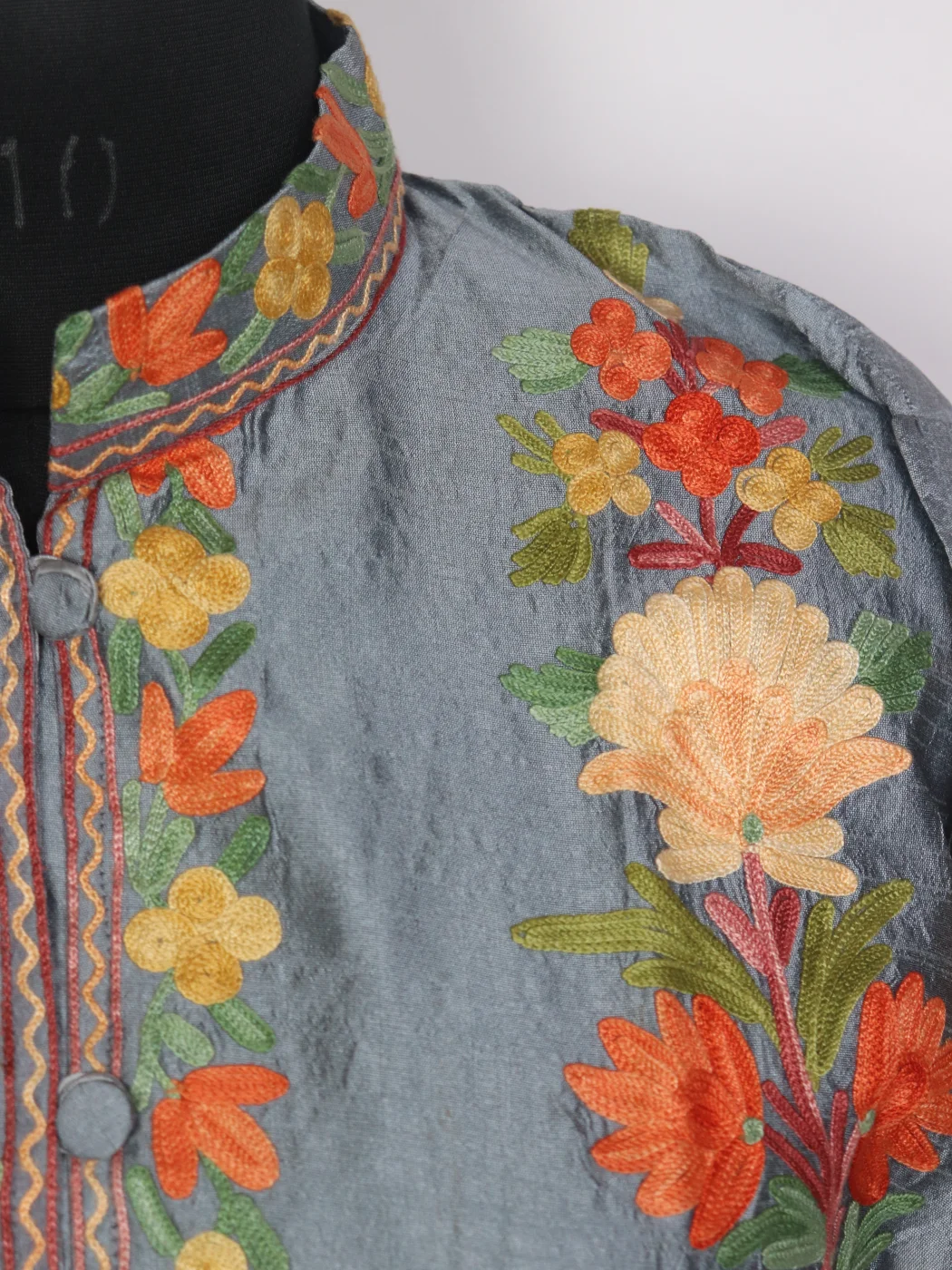Muntaha Grey Blue Silk Kashmiri Aari Embroidery Short Coat - Image 3