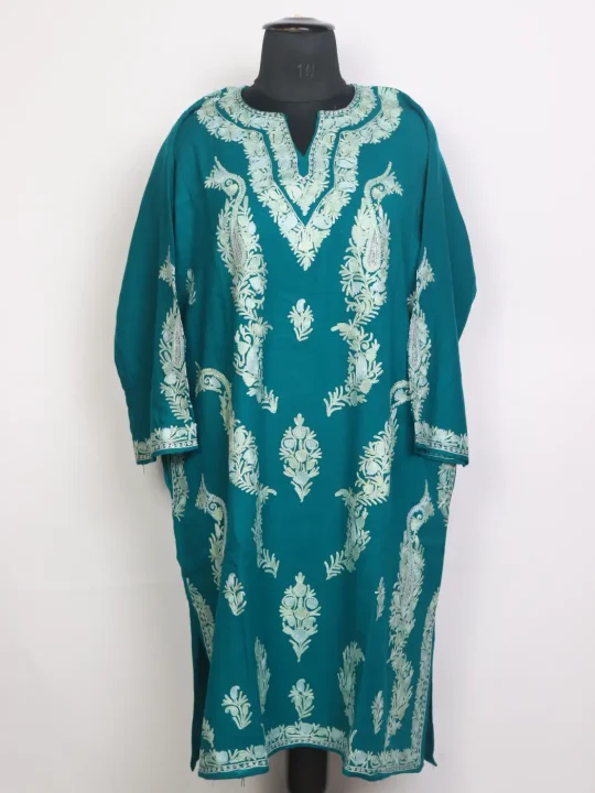 Muneeba Kashmiri Cashmilon Wool Boothi Aari Embroidery Pheran Teal Blue