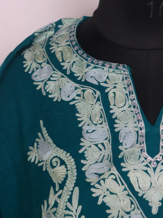 Muneeba Kashmiri Cashmilon Wool Boothi Aari Embroidery Pheran Teal Blue - Image 3