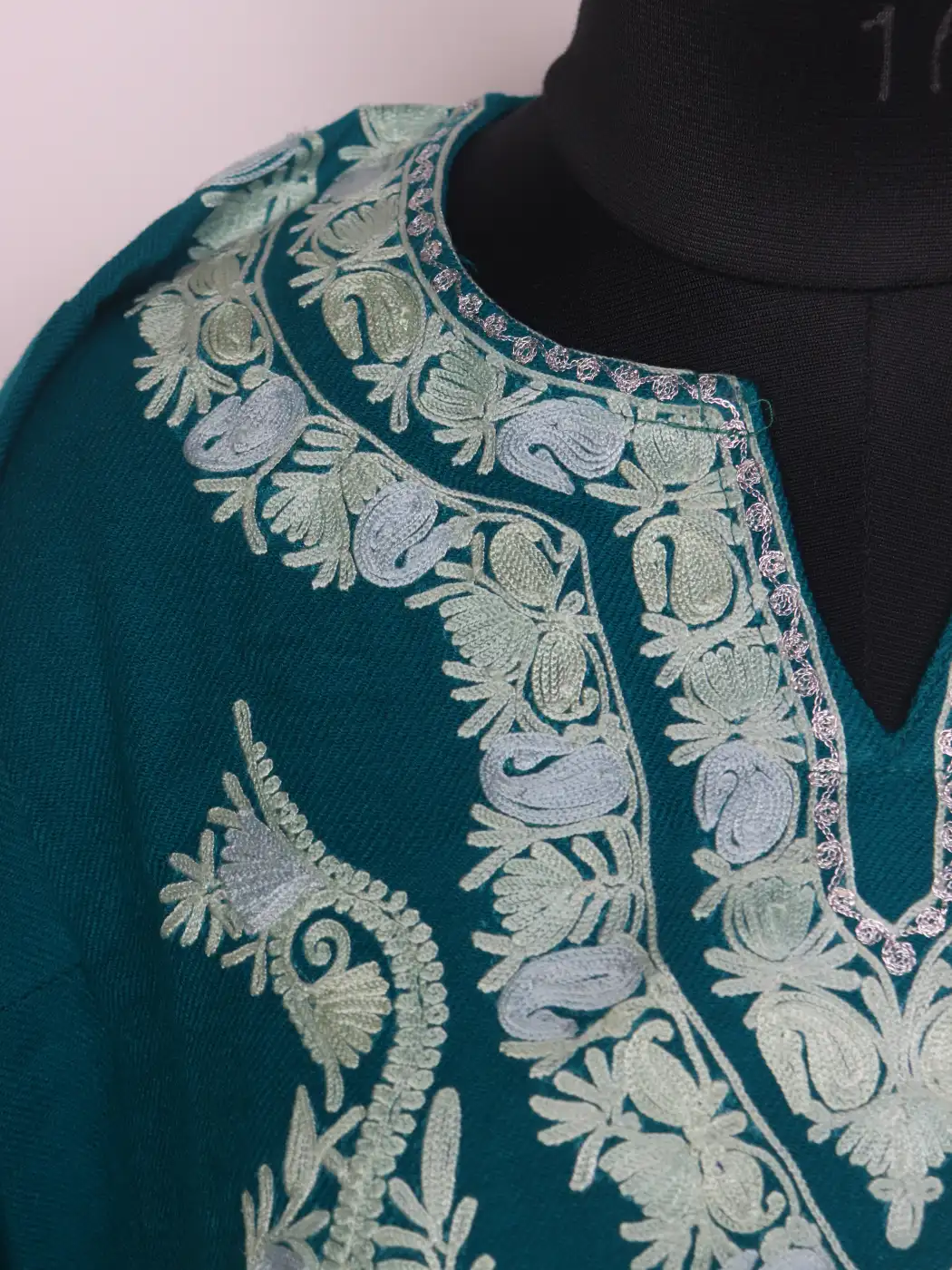 Muneeba Kashmiri Cashmilon Wool Boothi Aari Embroidery Pheran Teal Blue - Image 3