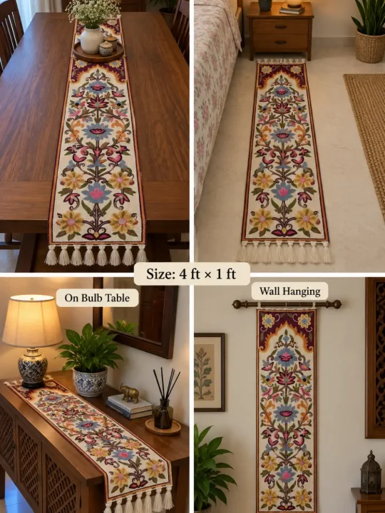 Betab Kashmiri Wool Thread Embroidery Handmade Chain Stitch Runner 4*1ft - Image 2