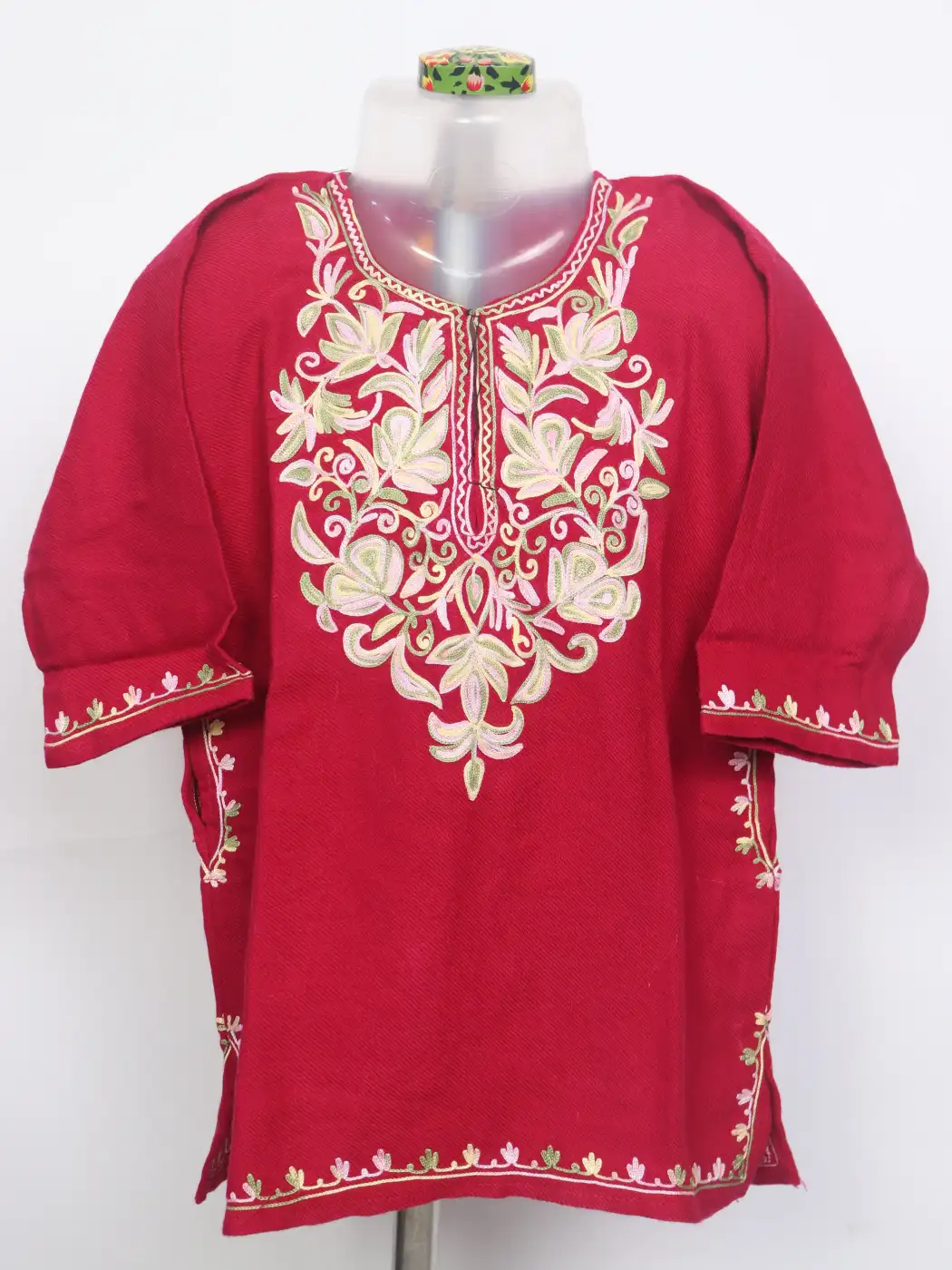 Muneeza Red Kashmiri Girls Pheran With Aari Work In Cashmilon Wool (1 to 2Y)