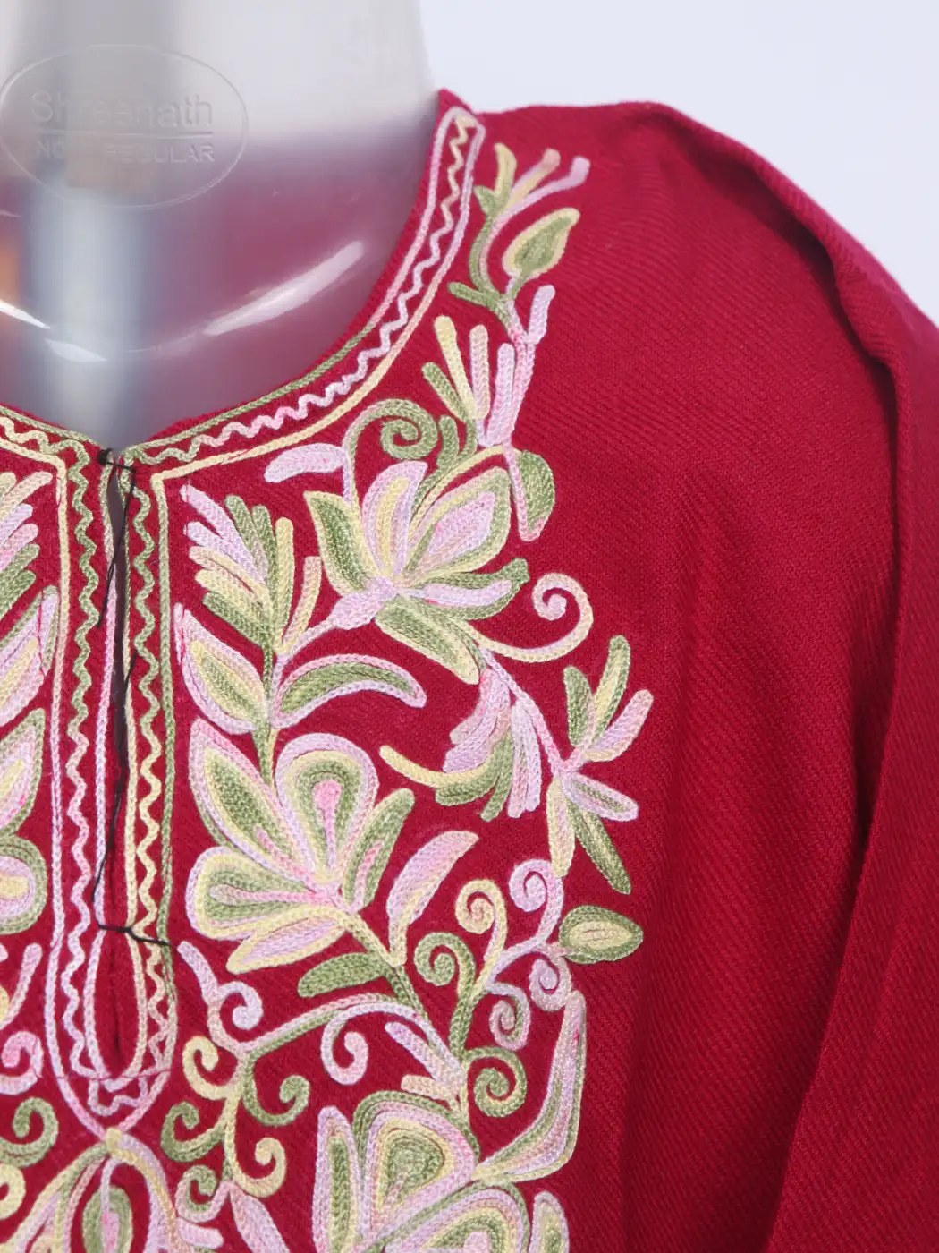 Muneeza Red Kashmiri Girls Pheran With Aari Work In Cashmilon Wool (1 to 2Y) - Image 2
