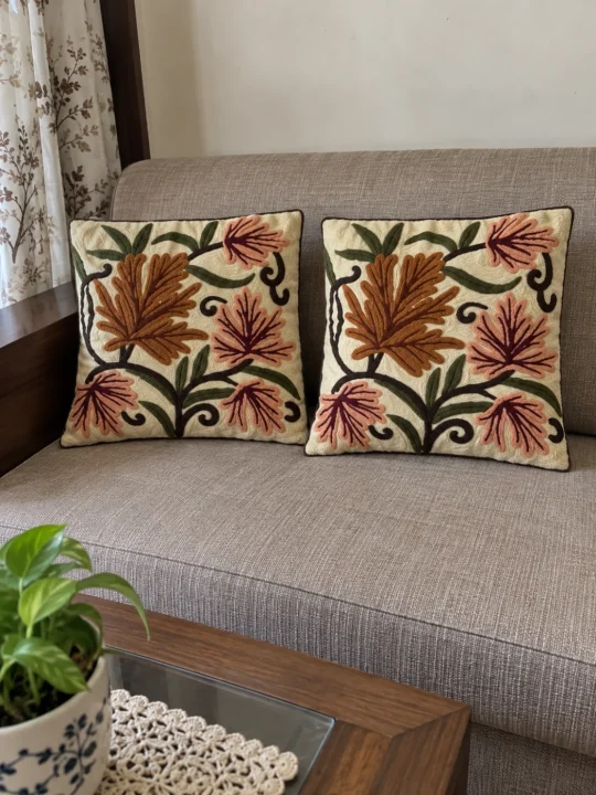 Muzna Kashmiri Handmade Chain Stitch Wool Thread Cushion Cover | Set of 2| 12*12 Inches