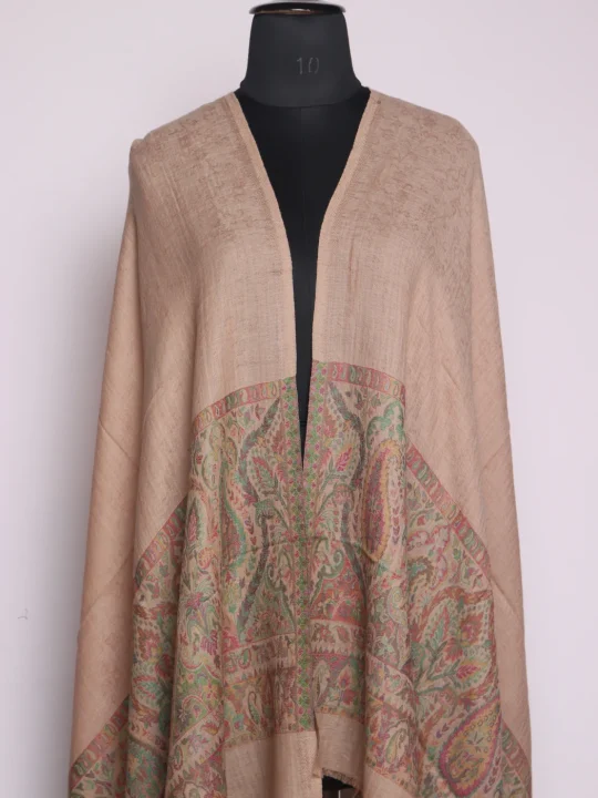 Kashmiri Kani Work Beige Fine Wool Stole | Muzna - Image 2