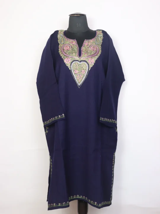 Navy Blue Raffal Wool Hand Sozni and Tilla Embroidery Kashmiri Pheran