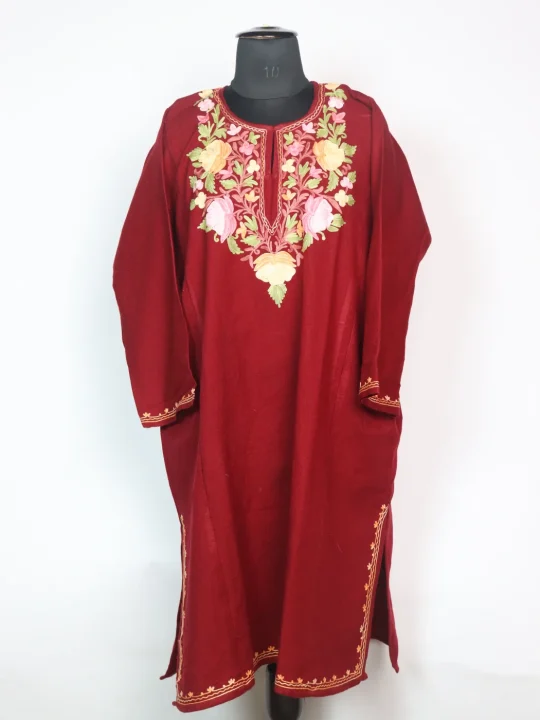 Najma Kashmiri Pheran In Cashmilon Wool With Aari Embroidery | Maroon
