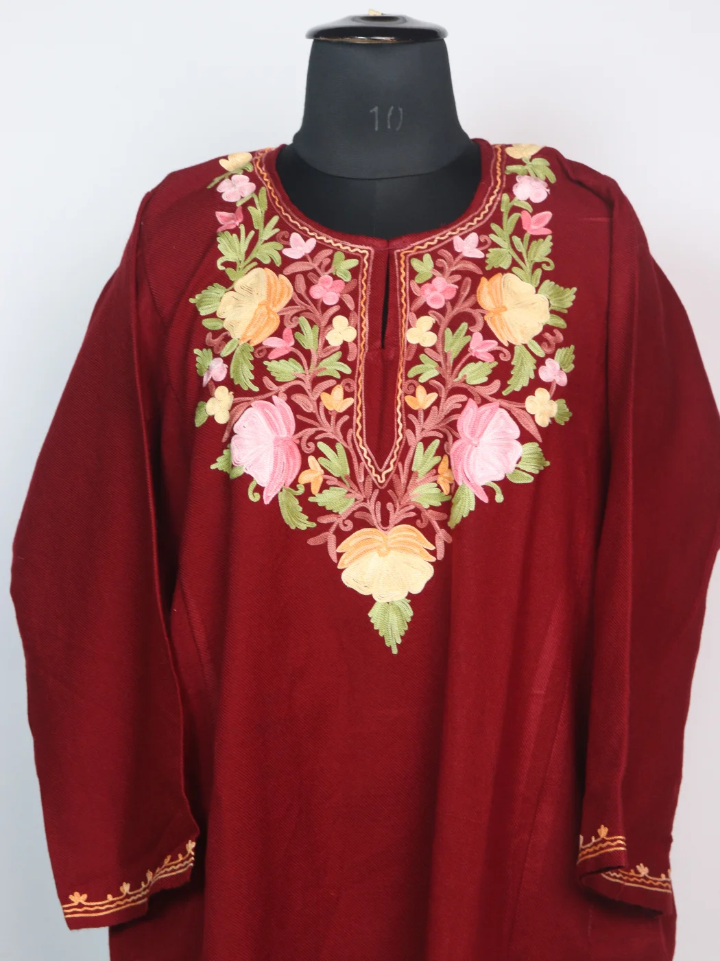 Najma Kashmiri Pheran In Cashmilon Wool With Aari Embroidery | Maroon - Image 2