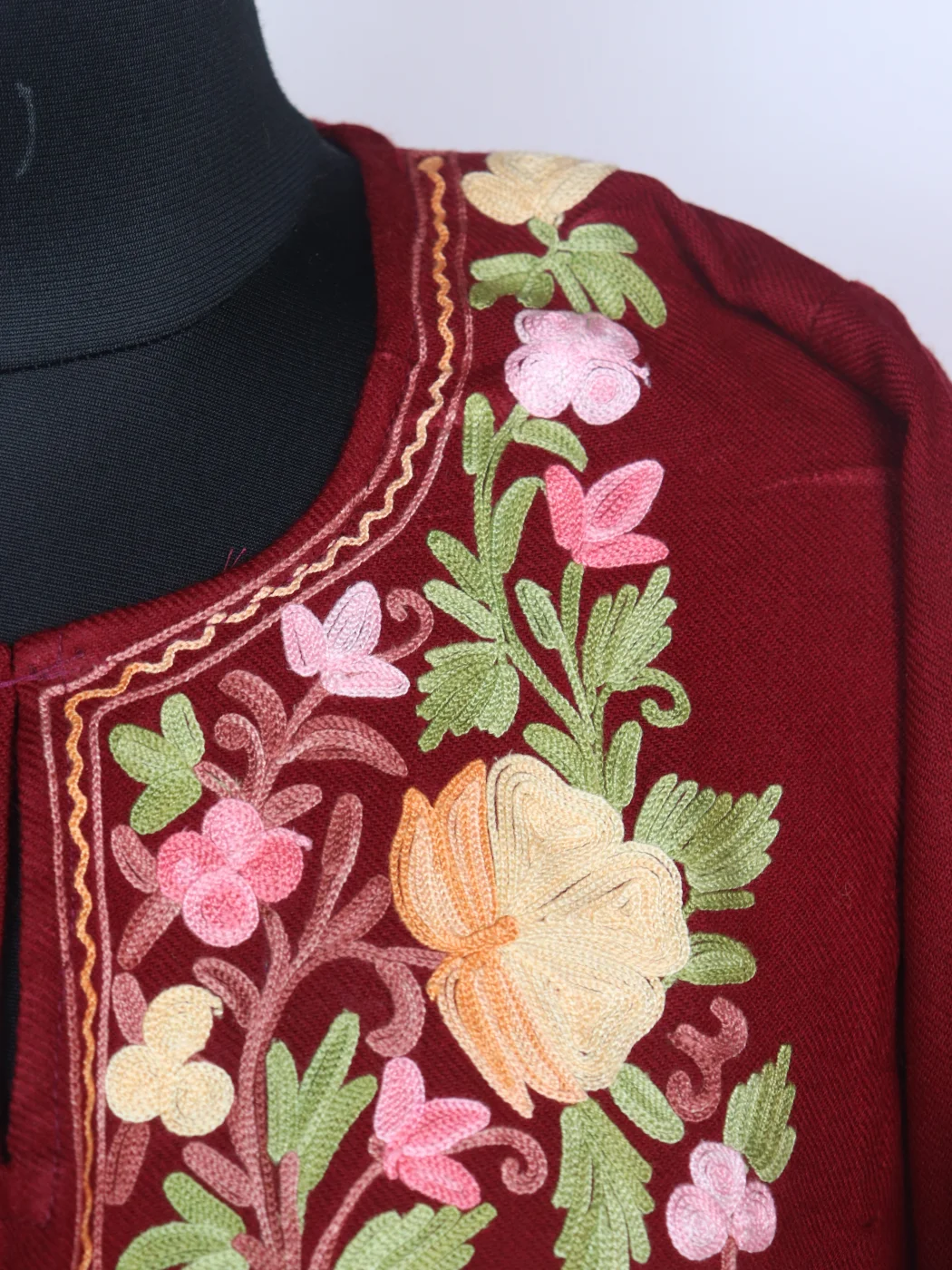 Najma Kashmiri Pheran In Cashmilon Wool With Aari Embroidery | Maroon - Image 3