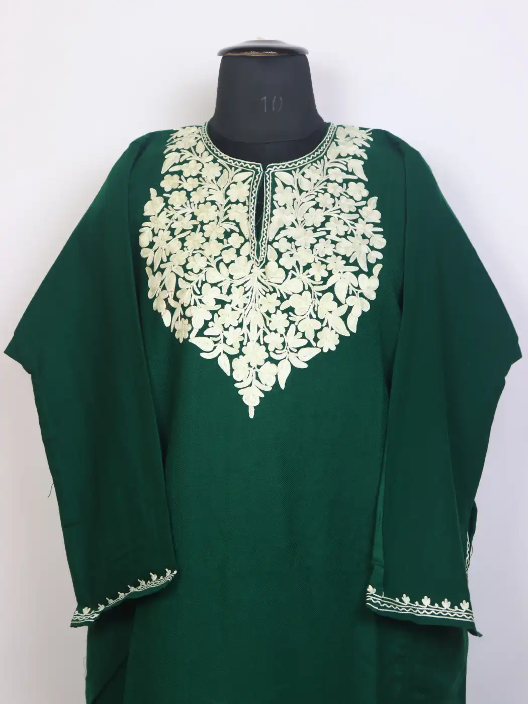 Noor Green Kashmiri Pheran with Aari Work | Cashmilon Fabric - Image 2
