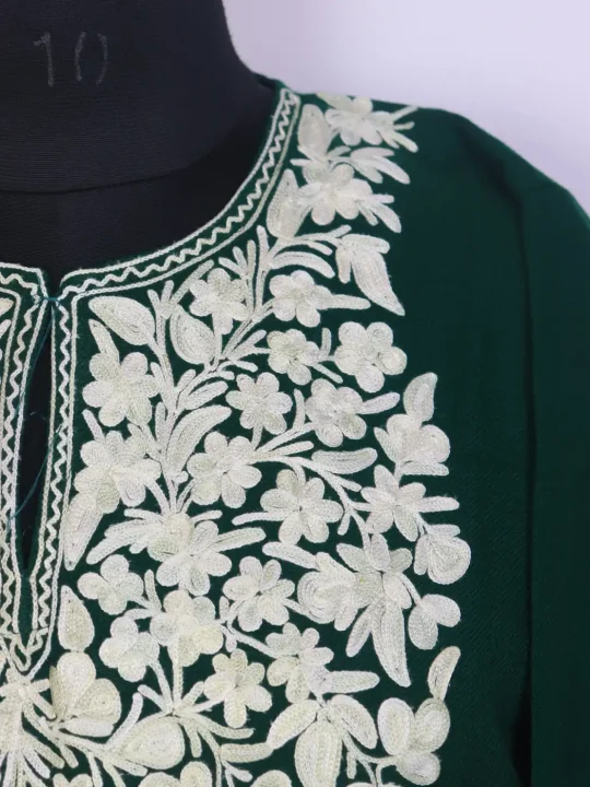 Noor Green Kashmiri Pheran with Aari Work | Cashmilon Fabric - Image 3
