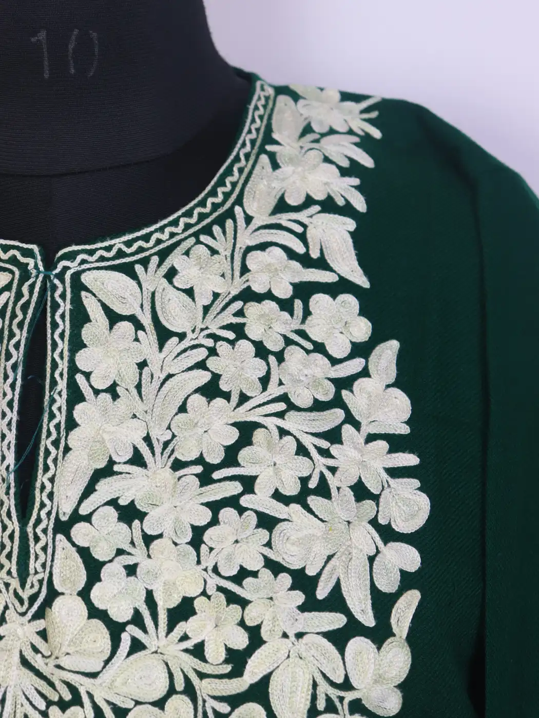 Noor Green Kashmiri Pheran with Aari Work | Cashmilon Fabric - Image 3