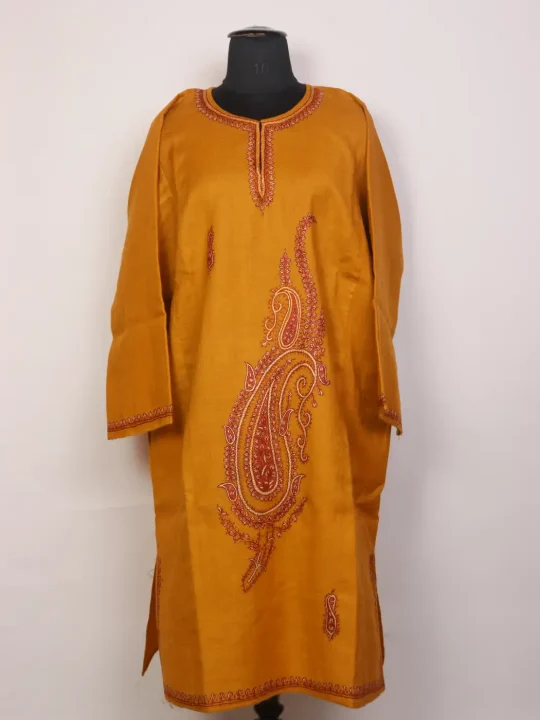 Naqsh Mustard Yellow Kashmiri Pheran with Hand Sozni Embroidery in Raffal Wool