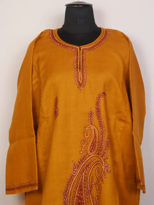 Naqsh Mustard Yellow Kashmiri Pheran with Hand Sozni Embroidery in Raffal Wool - Image 2