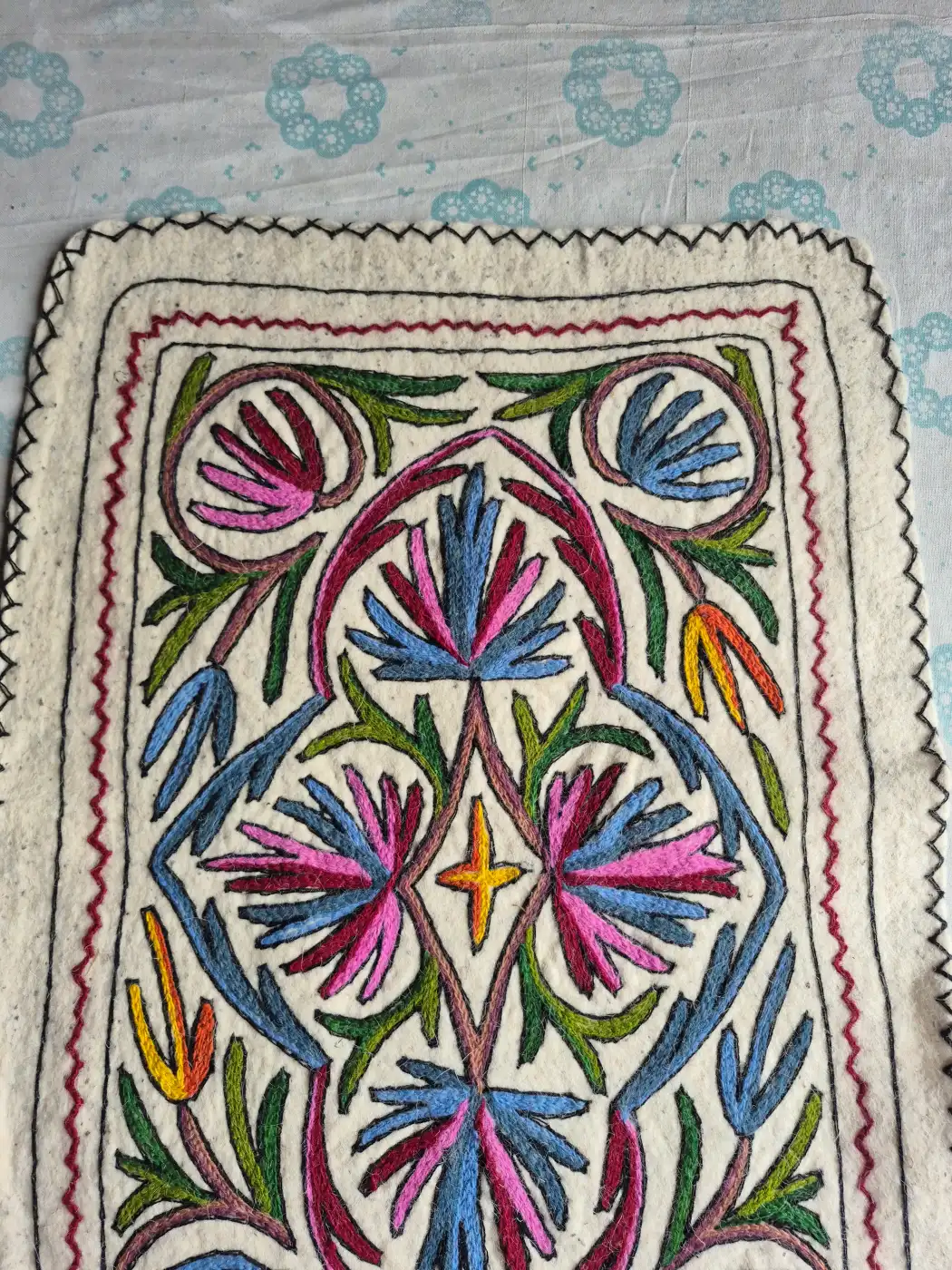 Naqsh-e-Bahar Hand Embroidered Namda Rug – Pink & Blue Floral Design | 3×2 ft - Image 3