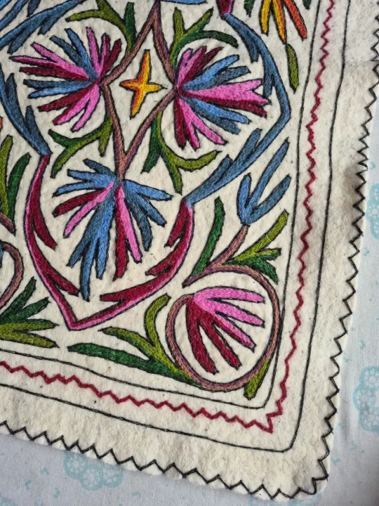 Naqsh-e-Bahar Hand Embroidered Namda Rug – Pink & Blue Floral Design | 3×2 ft - Image 2