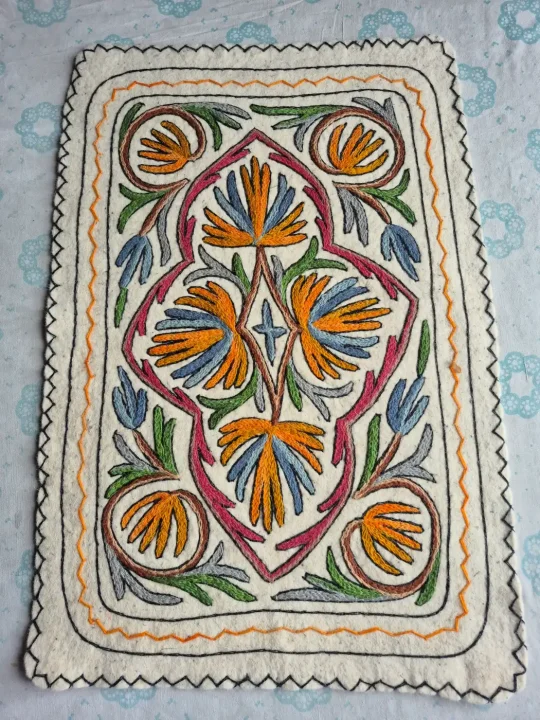 Naqsh-e-Gul Hand Embroidered Wool Namda Rug – Traditional Kashmiri Floral Design | 3 × 2 ft
