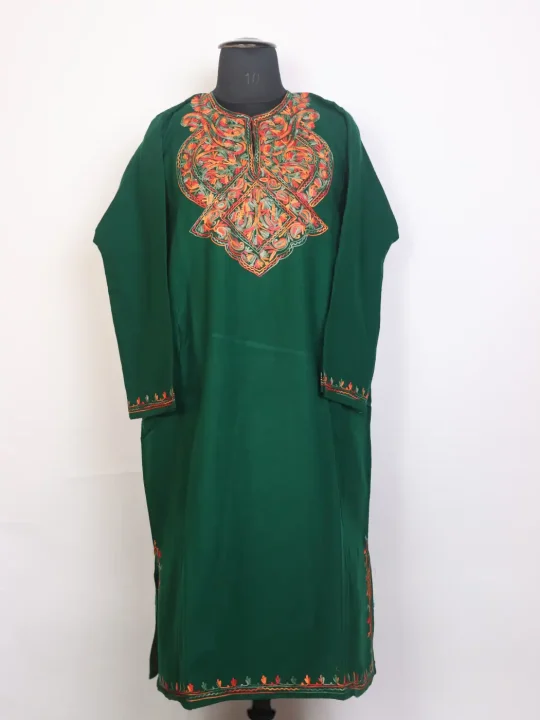 Naqshbahar Multicoloured Aari Work Kashmiri Cashmilon Pheran in Dark Green